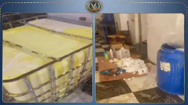مجهولة المصدر وغير صالحة.. ضبط مصنع منظفات صناعية بدون ترخيص في الهرم