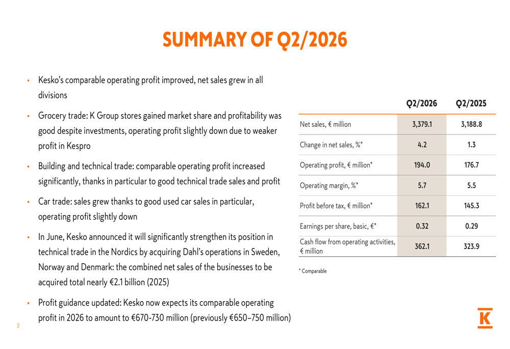 Kesko Q2 2026 slides: technical trade drives profit improvement