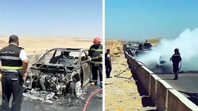 إخماد حريق في سيارة ملاكي بطريق "السخنة- الجلالة" -صور